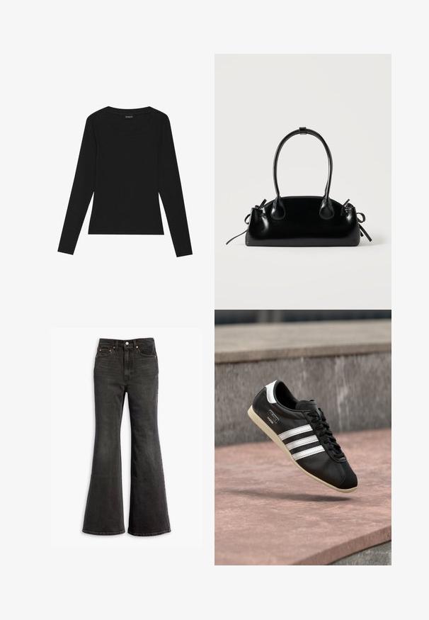 Schwarzes Langarm-Rippoberteil mit rundem Ausschnitt und figurbetonter Silhouette. Der Stoff hat eine glatte Textur und dehnbare Eigenschaften.; Schwarze High-Waist-Jeans aus Denim mit weitem Bein, Fünf-Taschen-Design und Kupfennieten.; Schwarzer Ledersneaker mit weißen Streifen und Sohle, geschnürt, schwebt über einer rosa gefärbten Betontfläche vor einer grauen Steinmauer im Hintergrund.; Kleine schwarze glänzende Handtasche mit zwei langen Griffen und seitlichen Kordelzug-Details vor einfachem hellem Hintergrund.
