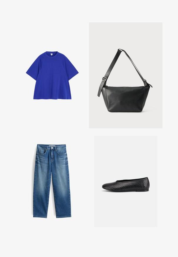 Blauw T-shirt met korte mouwen, ronde hals, losse pasvorm en raglanmouwen op een witte achtergrond.; Blauwe denim spijkerbroek met een recht gesneden ontwerp, vijf zakken en lichte vervaging op de dijen. Beschikt over een knoopsluiting en riemlussen.; Zwarte gestructureerde platte schoen met een afgeronde neus en lage hak, weergegeven in zijaanzicht op een effen lichte achtergrond.; Zwarte leren schoudertas met een brede verstelbare riem en zilveren gesp, weergegeven tegen een effen lichte achtergrond.