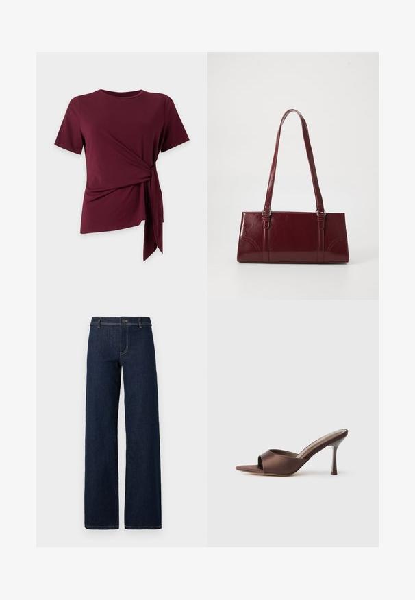 Top burdeos de manga corta con cuello redondo y detalle de lazo lateral que crea un dobladillo fruncido y asimétrico sobre un fondo liso.; Jeans de pernera ancha de lavado oscuro con un diseño clásico de cinco bolsillos, hechos de denim, con costuras doradas y un cierre de botón en la cintura.; Mule marrón de satén con punta abierta, con un tacón delgado de altura media y diseño slip-on sobre un fondo blanco liso.; Bolso burdeos hecho de material brillante, de forma rectangular, con dos asas para el hombro y sutiles acentos curvados en la parte frontal.