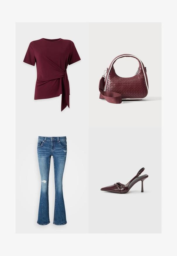 Weinrotes kurzärmeliges Oberteil mit rundem Ausschnitt und seitlicher Schleifendetail, das einen gerafften, asymmetrischen Saum vor einem einfarbigen Hintergrund bildet.; Blaue Jeans mit ausgestelltem Bein, mittelhoher Taille, verwaschenen Details an den Knien und einer glatten, strukturierten Oberfläche.; Bordeauxroter Slingback-Pumps aus Lackleder mit spitz zulaufender Vorderkappe, dünnem Knöchelriemen und kleiner dekorativer Schnalle. Glatte Textur und hoher Absatz.; Dunkelrote gewebte Ledertasche mit gebogenem Griff, weißem Besatz, silbernem Reißverschluss und abnehmbarem breitem Stoff-Schulterriemen vor einfarbigem Hintergrund.