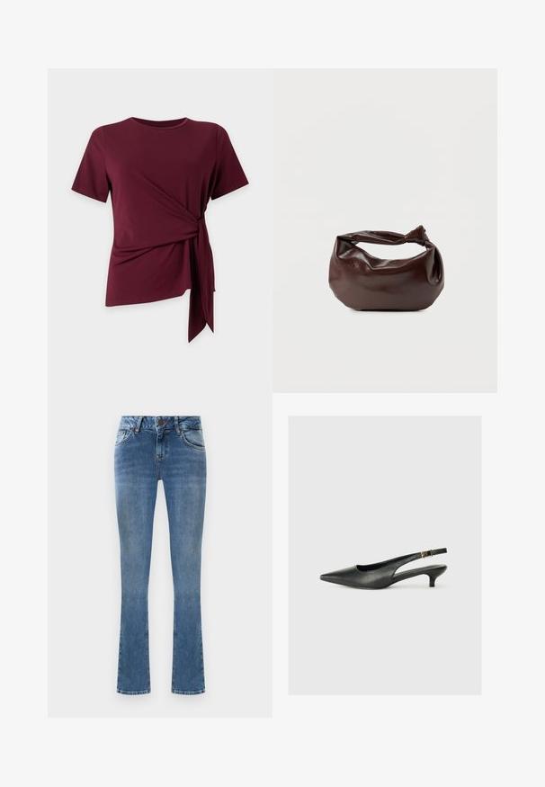 Haut bordeaux à manches courtes avec col rond et détail noué sur le côté créant un ourlet froncé et asymétrique sur un fond uni.; Jean flare en denim bleu clair avec cinq poches, une fermeture à bouton et des détails de couture jaunes. Le tissu a une texture lisse.; Chaussure slingback noire à bout pointu en cuir lisse. Présente un talon fin et un détail de boucle sur la sangle réglable.; Sac bandoulière en cuir marron foncé avec une forme souple et décontractée et une anse nouée torsadée sur un fond blanc uni.