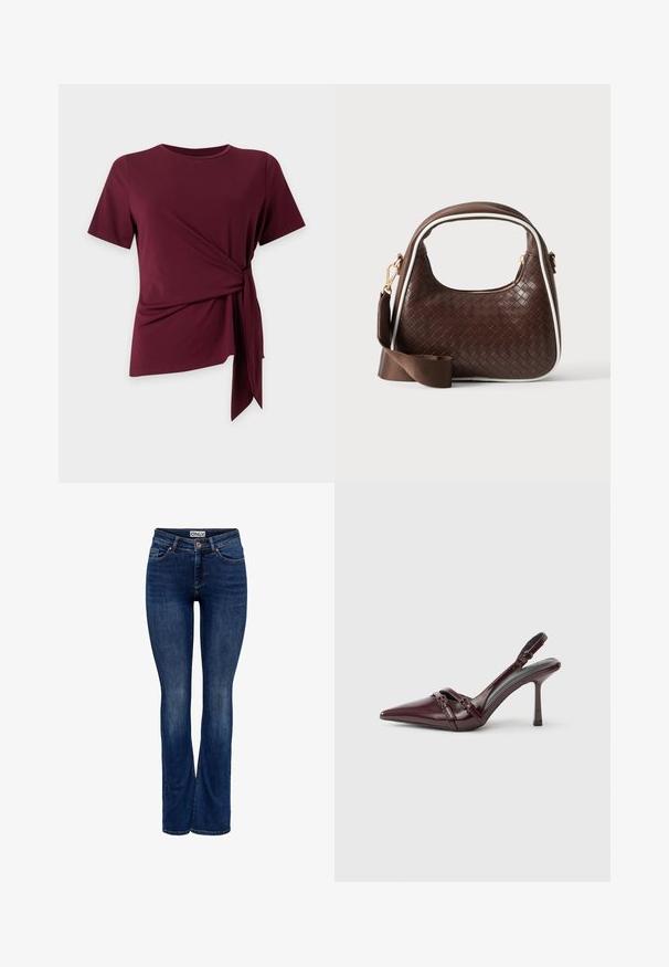 Vinrød kortærmet top med rund hals og sidestropdetalje, der skaber en rynket, asymmetrisk kant på en ensfarvet baggrund.; Mørkeblå denim jeans med let falming, fem-pockets design, knaplukning og bootcut benstil, mærket "ONLY" på linningen.; Bourgogne laklæder slingback-hæl med spids tå, tynd ankelrem og lille dekorativ spænde. Glat tekstur og høj hæl.; Brun vævet læderhåndtaske med hvid piping, guldfarvet lynlås og aftagelig brun stofskulderrem.