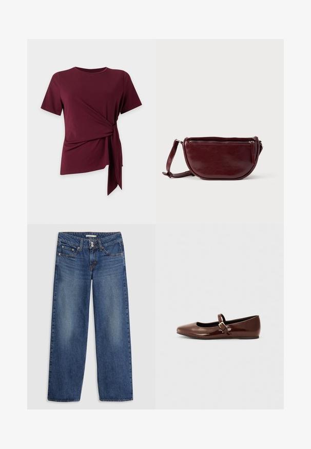 Vinrød kortærmet top med rund hals og sidestropdetalje, der skaber en rynket, asymmetrisk kant på en ensfarvet baggrund.; Blå denim bredbenede jeans med knaplukning, fem lomme-design, let falming på lårene og syningsdetaljer på sømmene.; Brun patentlæder balletflade med firkantet tå og strop med en lille guldbuckle. Glat tekstur, lav hæl og minimalistisk design.; Vinrød læderhåndtaske med halvmåneform, lynlås og aftagelig rem. Glat tekstur med en subtil glans.
