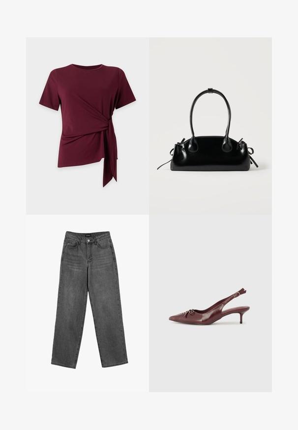 Kastanjebruine top met korte mouwen, ronde hals en zijstrikdetail dat een geplooide, asymmetrische zoom creëert op een effen achtergrond.; Zwarte high-waisted straight-leg jeans met een knoop aan de voorkant en zakken, weergegeven op een witte achtergrond.; Bordeaux leren slingback hak met een spitse neus, verstelbare band en decoratieve strikdetails aan de voorkant. Hakhoogte van 7,5 cm.; Kleine zwarte glanzende handtas met twee lange hengsels en zijkant trekkoord details op een effen lichte achtergrond.