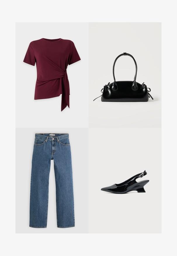 Vinrød kortærmet top med rund hals og sidestropdetalje, der skaber en rynket, asymmetrisk kant på en ensfarvet baggrund.; Blå denim jeans med lige pasform, der har fem lommer, knaplukning og kontrastsyninger langs sømmene.; Sort laklæder slingback sko med spids tå og lav vinklet blokhæl på ensartet lys baggrund.; Lille sort blank håndtaske med to lange håndtag og snøre-detaljer i siden på en ensfarvet lys baggrund.
