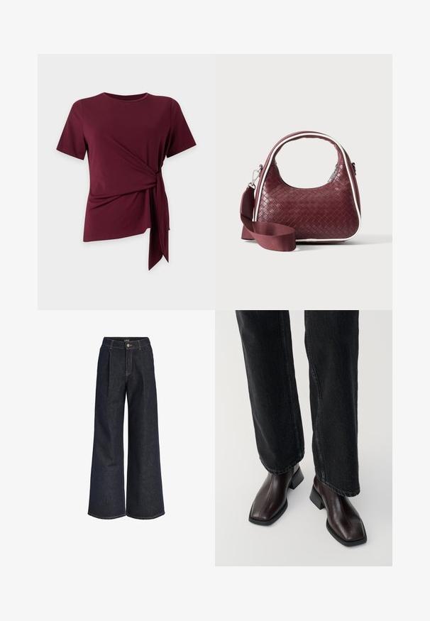 Kastanjebruine top met korte mouwen, ronde hals en zijstrikdetail dat een geplooide, asymmetrische zoom creëert op een effen achtergrond.; Donkerblauwe denim jeans met wijd uitlopende pijpen, plooien, knoopsluiting en ceintuurlussen, afgebeeld tegen een witte achtergrond.; Bruine leren enkellaarsjes met een vierkante neus en blokhak, gecombineerd met zwarte wijde jeans. Glad textuur en minimalistisch ontwerp.; Donkerrode geweven leren handtas met gebogen handvat, witte bies, zilveren rits en afneembare brede stoffen schouderriem tegen een effen achtergrond.