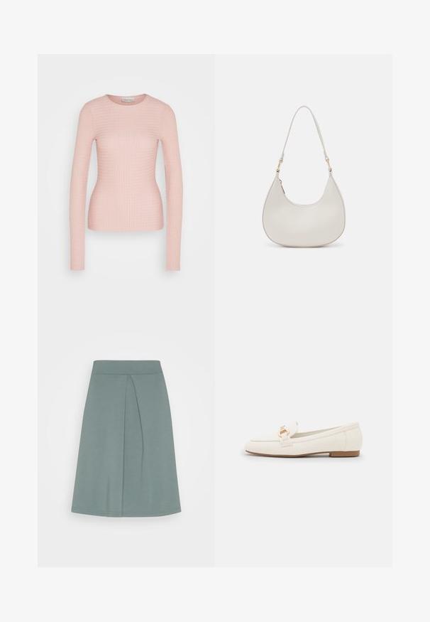 Lyserød langærmet top med en struktureret, ribbet design. Har rund halsudskæring og tætsiddende silhuet. Stoffet virker blødt og elastisk.; Anna Field A-snit nederdel - light green; Hvide læder loafers med flad sål, der har en detalje med en guldfarvet spænde og en glat overflade. Klassisk design med enkle linjer.; Cremefarvet læder skuldertaske med en halvmåneform, tynd rem og diskrete syninger. Minimalistisk design med hardware-accenter i guldton.