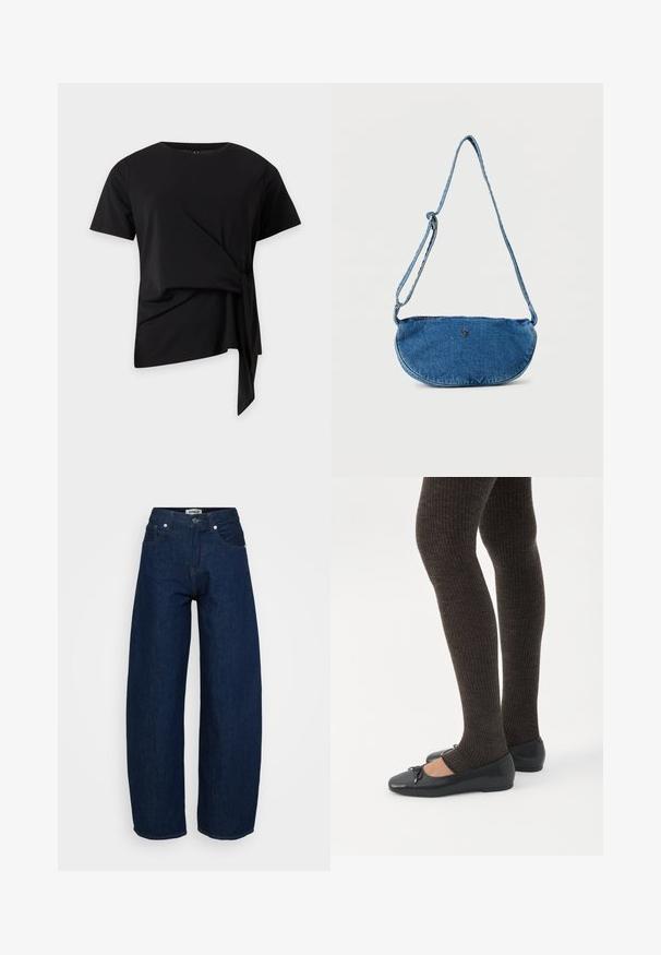 Haut noir à manches courtes avec encolure ronde et détail noué asymétrique sur le côté, suspendu sur un fond clair uni.; Jean large en denim bleu foncé. Doté d'une fermeture à bouton, de cinq poches et de coutures visibles. Texture lisse avec une coupe décontractée.; Jambes portant des leggings côtelés foncés associés à des ballerines noires avec de petits détails en nœud sur fond blanc.; Sac bandoulière en jean bleu avec sangle ajustable et petit logo métallique sur le devant, présenté sur fond blanc.