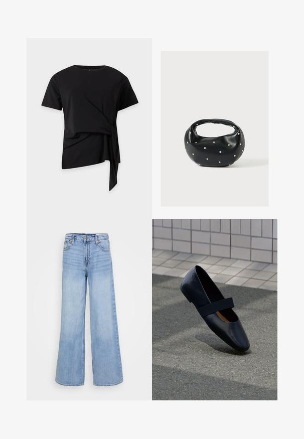 Sort kortærmet top med rund halsudskæring og asymmetrisk sideløs detalje, hængende på en ensfarvet lys baggrund.; Lyseblå bredbeinkleje i denim, med høj talje, forlommer og knaplukning med kobber hardware detaljer.; Sort læder flad sko med rund tå, der har en blød sort elastisk strop over vristen. Glat tekstur og minimalistisk design.; Sort læderhåndtaske med en rundet form, dekoreret med sølvnitter, og et kort håndtag. Glat tekstur og lynlåslukning.