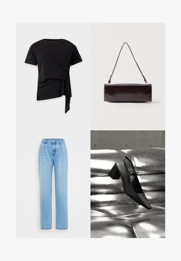 Zwarte top met korte mouwen, ronde hals en asymmetrisch zijstriktje, hangend tegen een effen lichte achtergrond.; Lichtblauwe denim jeans met een hoge taille, geplooide voorkant en rechte pijpen. Voorzien van een metalen knoop- en ritssluiting, rauwe zoomranden.; Zwarte slingback hak met een puntige neus, voorzien van een getextureerd oppervlak en een stevige blokhak. Geplaatst tegen een glanzende, metallic achtergrond.; Rechthoekige zwarte leren handtas met een enkele lange schouderband en een glanzende afwerking, weergegeven tegen een effen witte achtergrond.