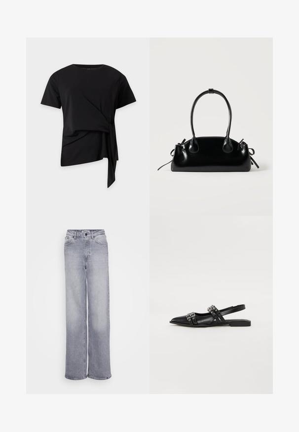 Haut noir à manches courtes avec encolure ronde et détail noué asymétrique sur le côté, suspendu sur un fond clair uni.; ONLY Tall ONLJUICY WIDE LEG - Wide Leg - medium grey denim; Even&Odd Ballerines à brides arrière - black; Petit sac à main noir brillant avec deux longues anses et des détails à cordon sur les côtés sur un fond clair uni.