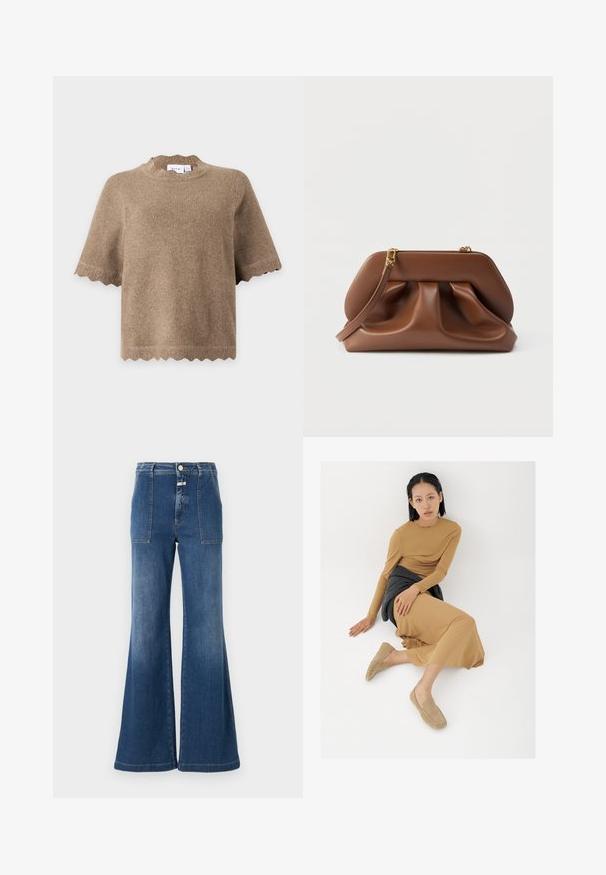 Beige kortærmet striktrøje med bølgede kanter på ærmer, kant og halsudskæring, vist på en neutral baggrund.; Høj talje flared jeans i mellemblå denim med en falmet finish. Har lomme med klap og knaplukning. Renset kant.; Ung kvinde med kort sort hår sidder på gulvet iført en tanfarvet langærmet kjole, beige loafers og en mørkegrå sweater bundet om livet.; Brun clutchtaske i læder med rynket design, guldfarvet hardware og aftagelig håndledsrem på hvid baggrund.