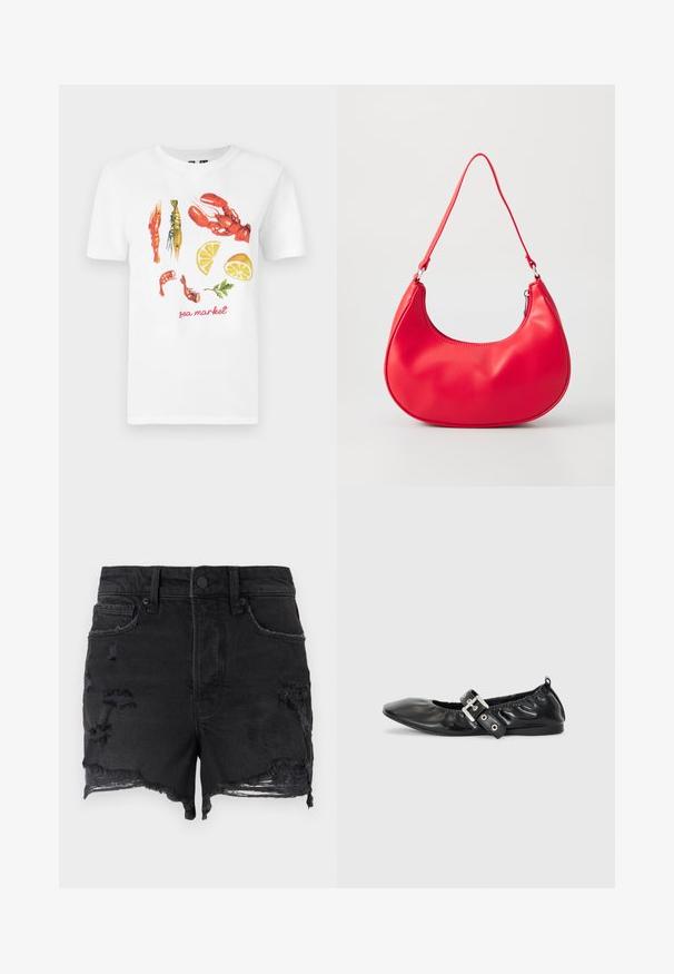 T-shirt en coton blanc avec un design imprimé de homards rouges, de crevettes et de tranches de citron, avec le texte "marché de la mer" en rouge.; Good American Short en jean - black; Chaussure plate en cuir noir avec un nez pointu, des détails froncés autour de l'ouverture et un accent en boucle argentée sur la bride ajustable.; Sac à épaule en simili cuir rouge au design courbé, avec une bandoulière fine et une fermeture éclair. Texture lisse avec des détails de couture visibles.