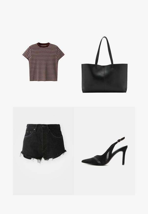 Kortærmet, brun strikbluse med hvide vandrette striber og rund halsudskæring på hvid baggrund.; Sorte denim shorts med en frynset kant, klassisk fem-lomme design og metalknap lukning. Mor med høj talje og slidt tekstur.; Sort ruskind spids tå slingback-pumpe med mesh accenter, en tynd høj hæl og en guld spænde rem mod en ensfarvet baggrund.; Sort læder tote taske med to lange stropper, et slankt design og subtile syninger langs midtersømmen. Glat tekstur.