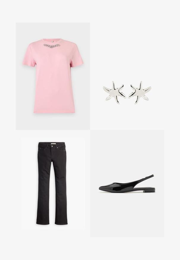 Lichtroze T-shirt met korte mouwen en een ronde halslijn, versierd met een cluster van heldere steentjes op het bovenste borstgedeelte.; Zwarte jeans van denim, met een recht toelopende pijp, standaard taille, vijf zakken en subtiele stiksels.; Zwarte gepatineerde leren slingback schoenen met een puntige neus en een lage blokhak. Gladde textuur, minimalistisch ontwerp, open achterkant en slanke silhoutte.; Een paar glanzende zilveren oorbellen in de vorm van een zeester met vijf onregelmatige armen op een witte achtergrond.
