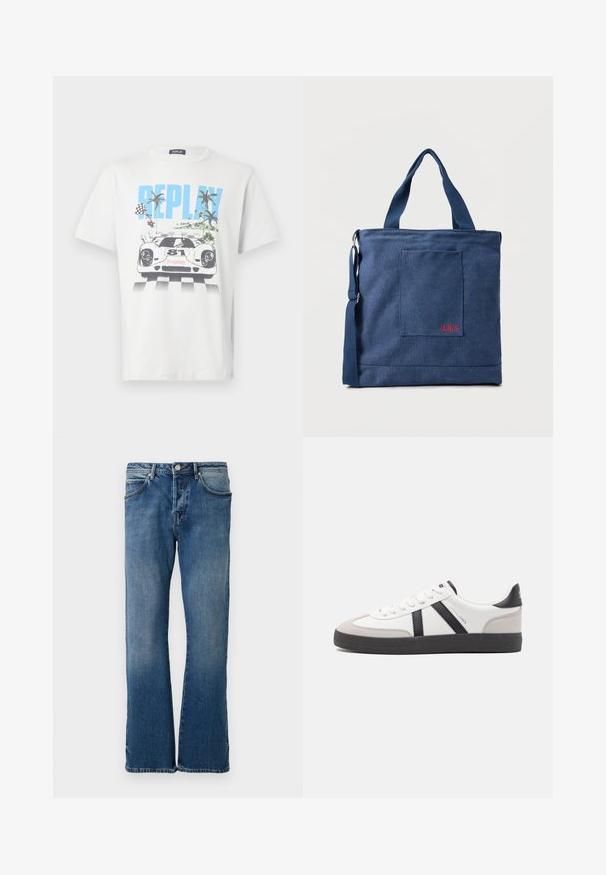 Hvid bomulds-T-shirt med et farverigt motiv af en racerbils, palmer og ternede flag, med "REPLAY" tydeligt vist.; Lyseblå denimjeans med lige ben-design, der har fem lommer, en knap-lukning og diskret falmning på stoffet.; Hvide sneakers med sorte og grå detaljer, med en tekstureret grå tåhætte, sort gummisål og flade hvide snørebånd. Rent design, minimalistisk stil.; Blå lærredstote taske med frontlomme og rød "O.N.S" broderi, med to håndtag og en justerbar skulderrem.