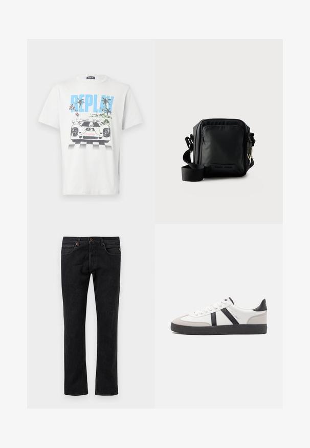 Hvid bomulds-T-shirt med et farverigt motiv af en racerbils, palmer og ternede flag, med "REPLAY" tydeligt vist.; Sorte denim jeans med et lige ben-design, der har fem lommer, diskret slidmærker og orange syninger som detaljer.; Hvide sneakers med sorte og grå detaljer, med en tekstureret grå tåhætte, sort gummisål og flade hvide snørebånd. Rent design, minimalistisk stil.; Sort kompakt crossbody taske med front lynlåslomme, justerbar rem og tekstureret stof mod en ensfarvet baggrund.