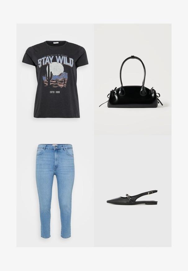 Čierne bavlnené tričko s grafickým potlačou púštnej scény s kaktusmi, mesiacom a nápisom "STAY WILD" v modrom písme.; Svetlomodré jeans s vysokým pásom, úzke nohavice, s gombíkom a zipsom, predné a zadné vrecká a dĺžka po členky.; Čierne kožené topánky so špičatou špičkou, s úzkym remienkom a striebornou prackou na boku. Plochá podrážka.; Malá čierna lesklá kabelka s dvoma dlhými rúčkami a bočnými šnúrkovými detailmi na jednoduchom svetlom pozadí.