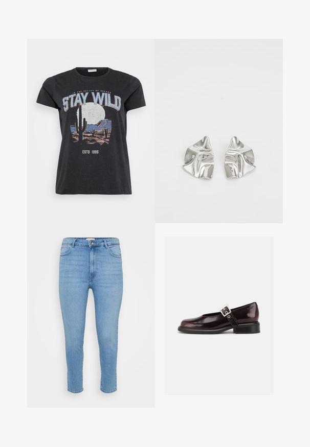 Sort bomulds t-shirt med et grafisk print af en ørken-scene med kaktusser, en måne og sætningen "STAY WILD" i blå skrifttype.; Lyseblå højtaljede skinny jeans med knap- og lynlås-lukning, for- og baglommer, samt ankellængde.; En enkelt blank mørk burgunder Mary Jane sko med bred rem og sølvspænde, lav blokhæle og rundet tå på hvid baggrund.; Sølvmetal øreringe med et bølgende, skulpturelt design, der har en poleret overflade og uregelmæssige former, hvilket fremhæver en moderne æstetik.