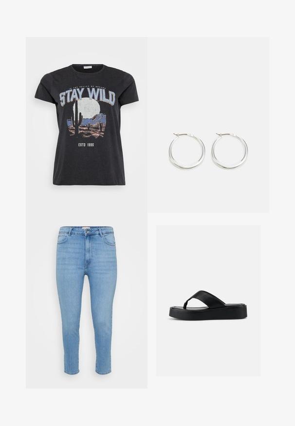 Sort bomulds t-shirt med et grafisk print af en ørken-scene med kaktusser, en måne og sætningen "STAY WILD" i blå skrifttype.; Lyseblå højtaljede skinny jeans med knap- og lynlås-lukning, for- og baglommer, samt ankellængde.; Sort platform flip-flop sandal med bred læderrem og polstret sål, vist i sideprofil på en ensfarvet lys baggrund.; Sølv hoops øreringe har et glat, afrundet design med en slank profil og sikker spænde. Minimalistisk stil med en poleret finish.