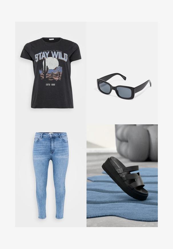 Sort bomulds t-shirt med et grafisk print af en ørken-scene med kaktusser, en måne og sætningen "STAY WILD" i blå skrifttype.; Lysblå skinny jeans lavet af denim, med høj talje, fem-lomme design og let falmning langs lårene.; Sort platform-sandale med tre remme, der hviler på et bølget, blåt tæppe indendørs nær en sløret, rund sofa.; Sorte rektangulære solbriller med mørkt tonede linser, tyk plastramme og brede stænger. Glat overflade og kantet design.
