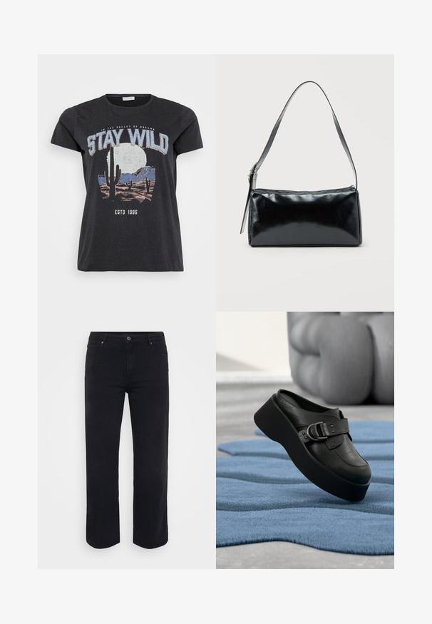 Schwarzes Baumwoll-T-Shirt mit einem grafischen Druck einer Wüstenlandschaft mit Kakteen, einem Mond und dem Schriftzug "STAY WILD" in blauer Schrift.; Schwarze Denim-Jeans mit einem geraden Bein-Design. Merkmale sind ein Knopfverschluss an der Taille, Gürtelschlaufen und Vorder-/Gesäßtaschen. Glatte Textur.; Schwarze Leder-Plattform-Mule mit großem Schnallendetail, die auf einem strukturierten, welligen blauen Teppich und einem verschwommenen grauen Hintergrund liegt.; Schwarze rechteckige Schultertasche mit einem verstellbaren Riemen und einem oberen Reißverschluss vor einfachem Hintergrund.
