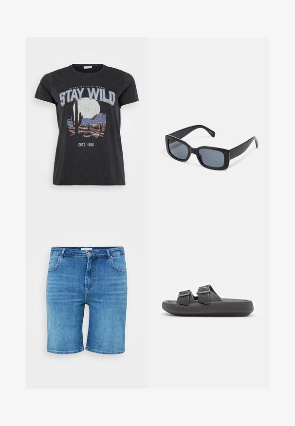 Sort bomulds t-shirt med et grafisk print af en ørken-scene med kaktusser, en måne og sætningen "STAY WILD" i blå skrifttype.; Denim shorts i mellemblå farve, med lige snit, fem-lomme design og knaplukning. Blød tekstur, rene kantede kanter.; Sorte gummisandaler med en struktureret overflade, to justerbare remme og en flad sål. Letvægtsdesign, der er velegnet til afslappet brug.; Sorte rektangulære solbriller med mørkt tonede linser, tyk plastramme og brede stænger. Glat overflade og kantet design.