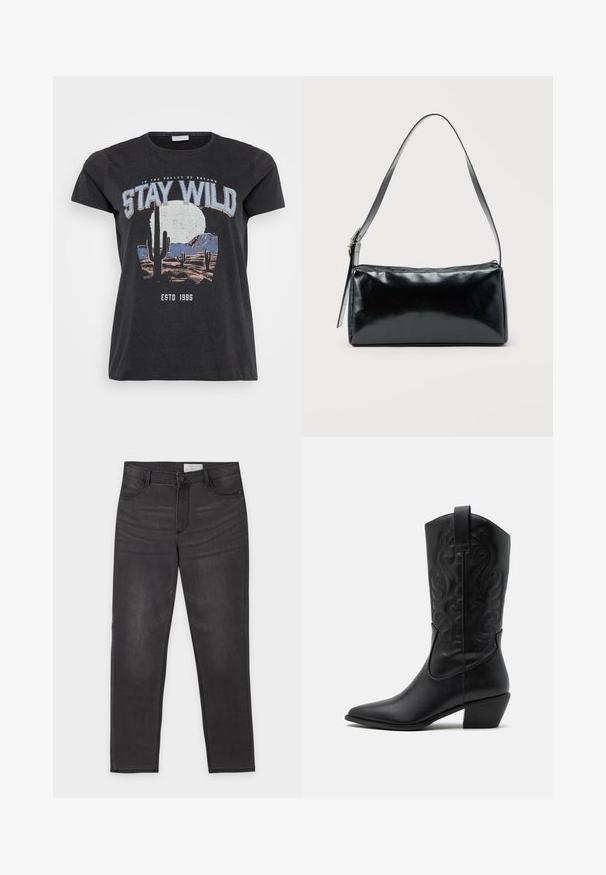 Sort bomulds t-shirt med et grafisk print af en ørken-scene med kaktusser, en måne og sætningen "STAY WILD" i blå skrifttype.; Sort denim med lige ben, knap- og lynlåslukning, for- og baglommer samt diskret falming på lårene, lagt fladt på en hvid baggrund.; Sorte læder cowboystøvler med spids tå, præget svungen mønster og en mid-højde hæl. Har en trækflap for nemt at tage på.; Sort rektangulær skuldertaske med en enkelt justerbar rem og lynlås i toppen på en ensfarvet baggrund.
