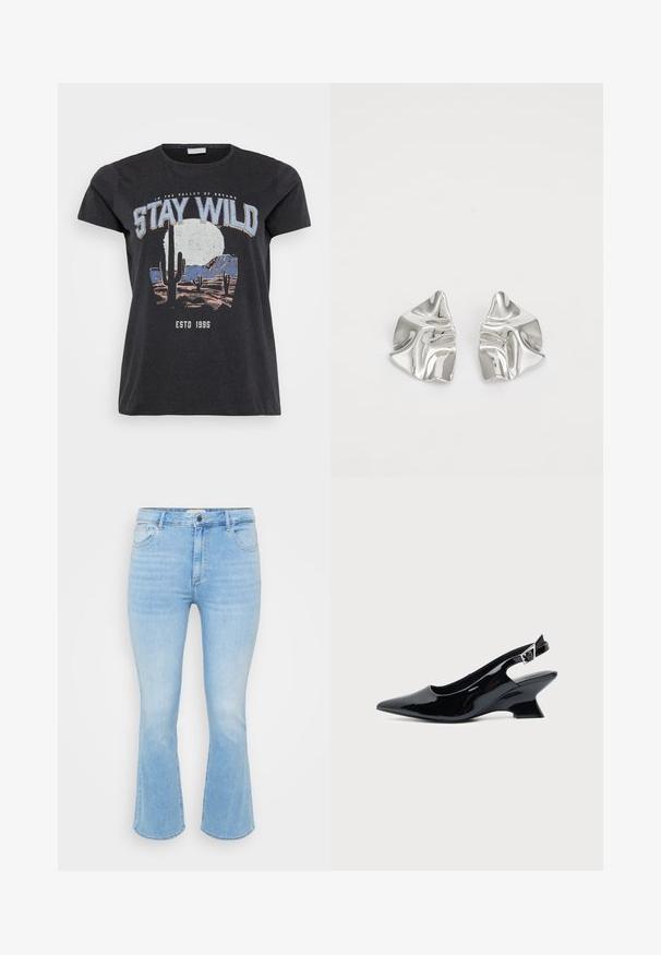 Sort bomulds t-shirt med et grafisk print af en ørken-scene med kaktusser, en måne og sætningen "STAY WILD" i blå skrifttype.; Lys blå denim jeans med en tætsiddende talje, flagrende bukseben, fem-lomme design og subtil forvitring i stofstrukturen.; Sort laklæder slingback sko med spids tå og lav vinklet blokhæl på ensartet lys baggrund.; Sølvmetal øreringe med et bølgende, skulpturelt design, der har en poleret overflade og uregelmæssige former, hvilket fremhæver en moderne æstetik.
