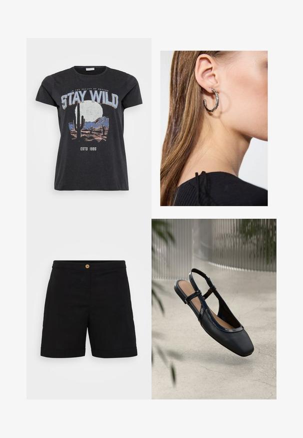 Schwarzes Baumwoll-T-Shirt mit einem grafischen Druck einer Wüstenlandschaft mit Kakteen, einem Mond und dem Schriftzug "STAY WILD" in blauer Schrift.; Schwarze Leinenkurze mit einem schlanken Design, das einen einzelnen Holzknopf an der Taille und einen umgeschlagenen Saum aufweist. Sanfte Textur mit Seitentaschen.; Schwarze Leder Slingback Ballerina mit rechteckiger Zehenpartie, ausgestattet mit einem glänzenden lackierten Besatz und verstellbaren Riemen für einen sicheren Sitz.; Silberne Creolen mit polierter Oberfläche, die kleine goldene Akzentdetails und eine runde Form aufweisen, am Ohrläppchen getragen.