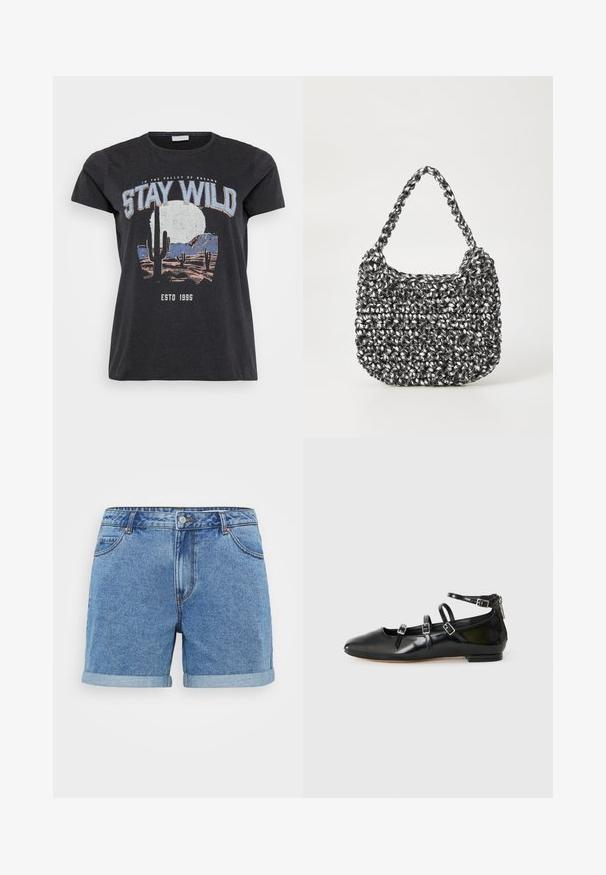 Sort bomulds t-shirt med et grafisk print af en ørken-scene med kaktusser, en måne og sætningen "STAY WILD" i blå skrifttype.; Lysblå denimshorts med opfoldet kant, fem-lomme design, knaplukning og syede detaljer. Fremstillet af bomuldsstof.; ALDO NELTA - Ballerinasko - black; Vævet håndtaske i sort og hvid med en rund form, tekstureret overflade og et fletet håndtag. Velegnet til afslappet brug.