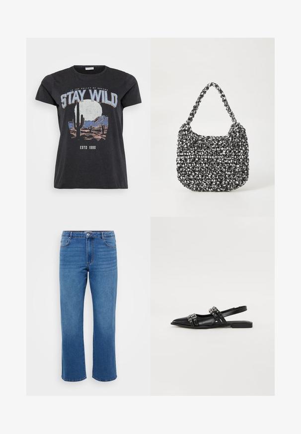 Schwarzes Baumwoll-T-Shirt mit einem grafischen Druck einer Wüstenlandschaft mit Kakteen, einem Mond und dem Schriftzug "STAY WILD" in blauer Schrift.; Blaue Jeans aus Denim mit geradem Beinansatz, ausgestattet mit einem Knopfverschluss, klassischem Fünf-Taschen-Design und subtiler, ausgewaschener Textur an den Oberschenkeln.; Even&Odd by Zalando Sling-Ballerina - black; Gewebte Handtasche in Schwarz und Weiß mit runder Form, strukturiertem Oberflächenfinish und geflochtener Grifffläche. Geeignet für den lässigen Gebrauch.