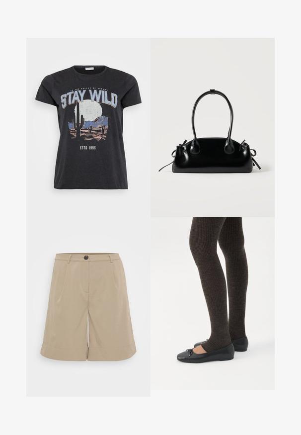 Sort bomulds t-shirt med et grafisk print af en ørken-scene med kaktusser, en måne og sætningen "STAY WILD" i blå skrifttype.; Khaki shorts lavet af letvægtsstof, med flad front, plisseringer, knaplukning og rullede nederkanter. Simpelt og skræddersyet design.; Ben iført mørke ribbede leggings kombineret med sorte balletsko med små sløjfedetaljer på hvid baggrund.; Lille sort blank håndtaske med to lange håndtag og snøre-detaljer i siden på en ensfarvet lys baggrund.