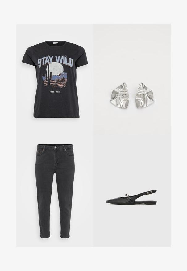 Sort bomulds t-shirt med et grafisk print af en ørken-scene med kaktusser, en måne og sætningen "STAY WILD" i blå skrifttype.; Slanke sorte denim jeans med frontknap og lynlås, bæltestropper og fem lommer, vist på en ensfarvet lys baggrund.; Sorte læder slingback-sko med spids tå, med en smal rem og en sølvspænde-detalje på siden. Flad sål.; Sølvmetal øreringe med et bølgende, skulpturelt design, der har en poleret overflade og uregelmæssige former, hvilket fremhæver en moderne æstetik.