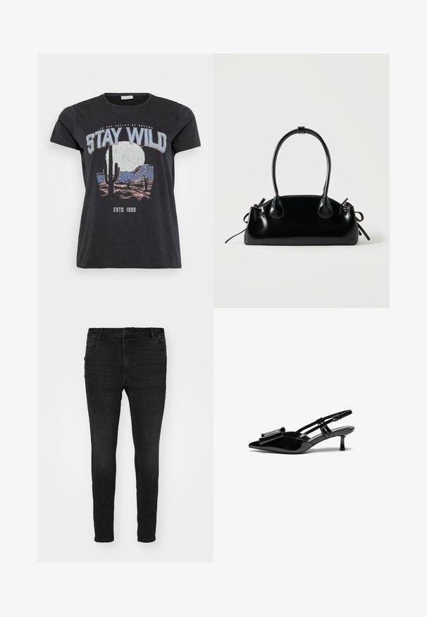 Čierne bavlnené tričko s grafickým potlačou púštnej scény s kaktusmi, mesiacom a nápisom "STAY WILD" v modrom písme.; Vero Moda Curve Skinny fit VMCFLASH Mid rise - Džínsy skinny fit - black denim; Čierne lakované kožené slingback opätky s špicatou špičkou, mašľou na prednej strane a malým ihličkovým podpätkom. Popruhy majú nastaviteľné spony.; Malá čierna lesklá kabelka s dvoma dlhými rúčkami a bočnými šnúrkovými detailmi na jednoduchom svetlom pozadí.