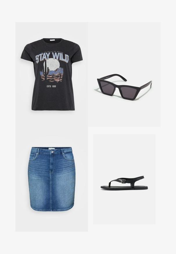 Sort bomulds t-shirt med et grafisk print af en ørken-scene med kaktusser, en måne og sætningen "STAY WILD" i blå skrifttype.; Denim nederdel i mellemblå vask med en tætsiddende design, lige snit, fem-lomme stil og en talje med knaplukning foran.; Sort flad sandal med ankelrem, tæsepind og sølvspænde på glat sål, vist fra siden på hvid baggrund.; Sorte, kantede solbriller med grå linser; lavet af plast, med tykke stænger med en glat overflade og ingen synlig hardware.