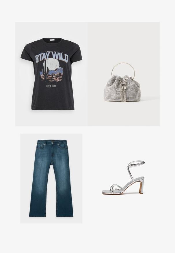 Schwarzes Baumwoll-T-Shirt mit einem grafischen Druck einer Wüstenlandschaft mit Kakteen, einem Mond und dem Schriftzug "STAY WILD" in blauer Schrift.; Blaue Jeans mit geradem Bein, vorderen und hinteren Taschen, Knopf- und Reißverschluss und dezenten verblassten Details an Oberschenkeln und Knien.; Silberne High-Heel-Sandalen mit eckiger Zehenpartie, dünnem Knöchelriemen und Riemen über dem Spann. Glänzende Metallic-Oberfläche mit einem 3-Zoll-Blockabsatz.; Kleine silberne Abendtasche, bedeckt mit funkelnden Strasssteinen, mit rundem Metallgriff und zwei dekorativen Quasten vorne.
