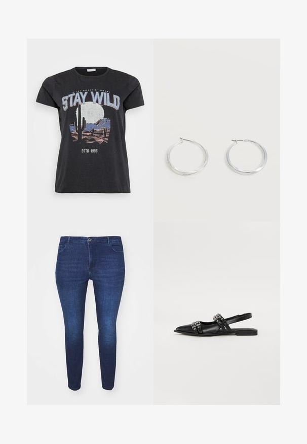 Sort bomulds t-shirt med et grafisk print af en ørken-scene med kaktusser, en måne og sætningen "STAY WILD" i blå skrifttype.; Mørkeblå slim-fit denim jeans med frontknap og lommer, vist fra forsiden mod en hvid baggrund.; Even&Odd by Zalando Slingback-ballerinasko - black; Sølvfarvede metaloorringe med glat, let buet overflade og låsemekanisme på en ensfarvet hvid baggrund.