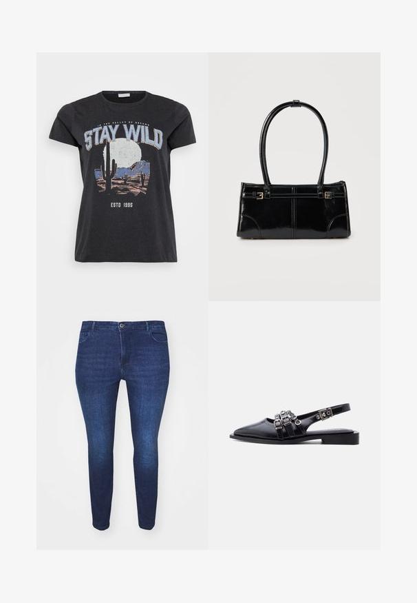 Zwarte katoenen t-shirt met een grafische print van een woestijnlandschap met cactussen, een maan en de tekst "STAY WILD" in blauwe letters.; Donkerblauwe slim-fit denim jeans met een voorste knoop en zakken, zichtbaar van voren tegen een witte achtergrond.; Zwarte leren slingback platte schoen met puntige neus, drie gespen en zilveren hardware op een witte achtergrond.; Glanzend zwart rechthoekig handtasje met twee dunne schouderbanden en kleine gouden gespsdetails aan de voorkant.