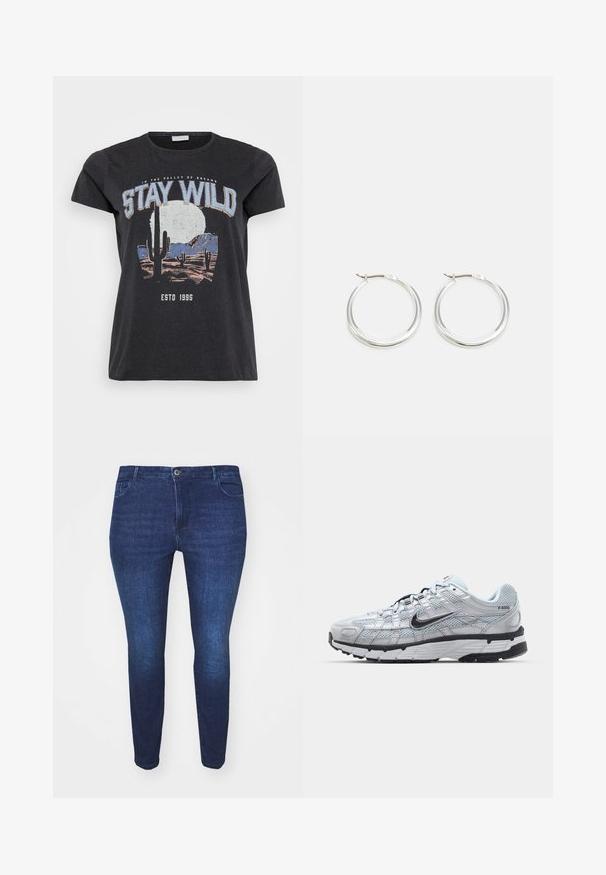 Sort bomulds t-shirt med et grafisk print af en ørken-scene med kaktusser, en måne og sætningen "STAY WILD" i blå skrifttype.; Mørkeblå slim-fit denim jeans med frontknap og lommer, vist fra forsiden mod en hvid baggrund.; Nike P-6000 sneakers med en lys grå mesh overdel, sorte accenter og en holdbar sort gummisål. Har et detaljeret design og snøresystem.; Sølv hoops øreringe har et glat, afrundet design med en slank profil og sikker spænde. Minimalistisk stil med en poleret finish.