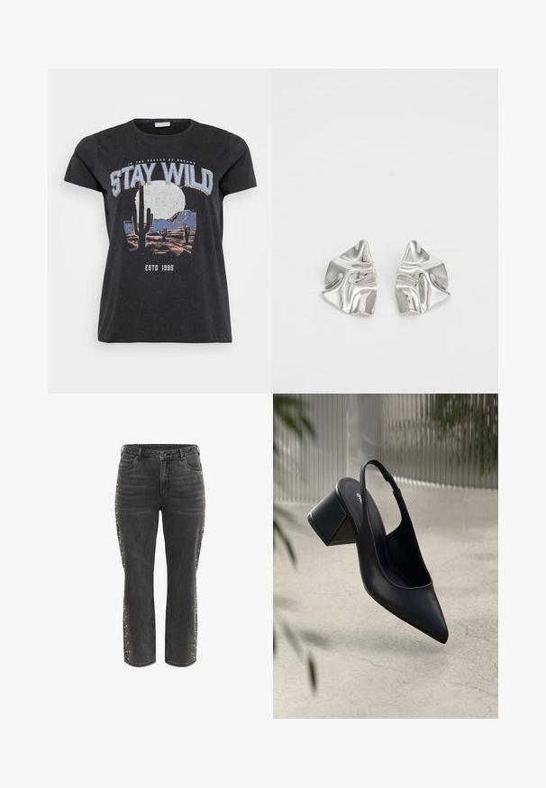 Sort bomulds t-shirt med et grafisk print af en ørken-scene med kaktusser, en måne og sætningen "STAY WILD" i blå skrifttype.; Sorte høj talje lige jeans med metalknap, forlommer og små sølvnitter langs de ydre sidesømme.; Sort læder slingback hæl med spids tå og blokhæl. Glat tekstur, minimalistisk design og justerbar ankelrem.; Sølvmetal øreringe med et bølgende, skulpturelt design, der har en poleret overflade og uregelmæssige former, hvilket fremhæver en moderne æstetik.