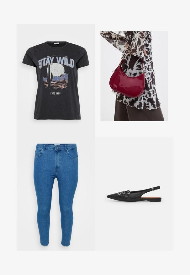 Sort bomulds t-shirt med et grafisk print af en ørken-scene med kaktusser, en måne og sætningen "STAY WILD" i blå skrifttype.; Smal blå denimjeans med høj talje, fem-lommer-design og rå kant. Materialet ser glat ud med let falmning på lårene.; Sort læderslyngeflad sko med spids tå, der har to vandrette stropper og firkantede sølvspænder, lav hæl og glat tekstur.; Kvinde iført en sort- og hvidmønstret bluse, der holder en blank rød skuldertaske mod en ensfarvet baggrund.