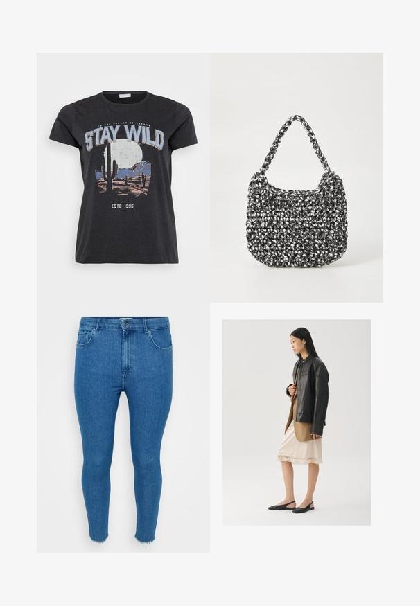 Schwarzes Baumwoll-T-Shirt mit einem grafischen Druck einer Wüstenlandschaft mit Kakteen, einem Mond und dem Schriftzug "STAY WILD" in blauer Schrift.; Schlanke blaue Denim-Jeans mit hoher Taille, Fünf-Taschen-Design und rohem Saum. Das Material wirkt glatt mit leichter Verfärbung an den Oberschenkeln.; Schwarze Lederjacke über einem braunen Oberteil, kombiniert mit einem hellen cremefarbenen Slip-Kleid mit Spitzenbesatz und schwarzen Slingback-Schuhen.; Gewebte Handtasche in Schwarz und Weiß mit runder Form, strukturiertem Oberflächenfinish und geflochtener Grifffläche. Geeignet für den lässigen Gebrauch.