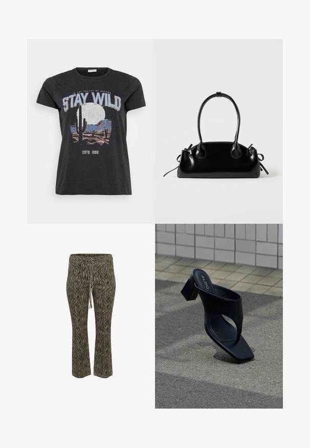 Sort bomulds t-shirt med et grafisk print af en ørken-scene med kaktusser, en måne og sætningen "STAY WILD" i blå skrifttype.; Buks med elastisk talje og snøre i khaki og beige zebra mønster. Mellemhøj talje, flared ben design, blød tekstur. Velegnet til afslappet brug.; Sort hælsandal med firkantet tå og bred rem, placeret på grå asfalt nær flisebelagt væg.; Lille sort blank håndtaske med to lange håndtag og snøre-detaljer i siden på en ensfarvet lys baggrund.