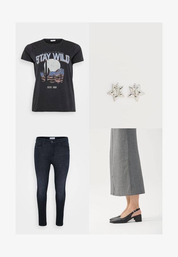 Sort bomulds t-shirt med et grafisk print af en ørken-scene med kaktusser, en måne og sætningen "STAY WILD" i blå skrifttype.; Mørkeblå skinny jeans med en glat overflade, der har et klassisk fem-lomme-design og en lynlås med knaplukning.; Sorte læder slingback sko med spids tå, blokhæl og kontrasterende lyserød hælafslutning. Glat tekstur med minimalistisk design.; Sølv stjerneformede øreringe med en glat, poleret finish på en ensfarvet hvid baggrund.