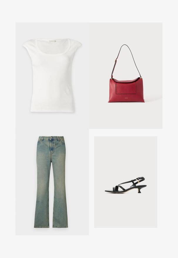 Hvid ribbet ærmeløs top med rund halsudskæring og små skulderklapper, vist på en ensfarvet lys baggrund.; Lysblå denim flare jeans med høj talje, fem lommer og lynlås. Ren, falmet finish med subtile syninger.; Sort damesandal i læder med tynde krydsede stropper, lav kittenhæls og lille guldbeklædt spænde på ankremmen.; Rød læder skuldertaske med sort kant, en frontlomme og en justerbar rem mod en ensfarvet hvid baggrund.