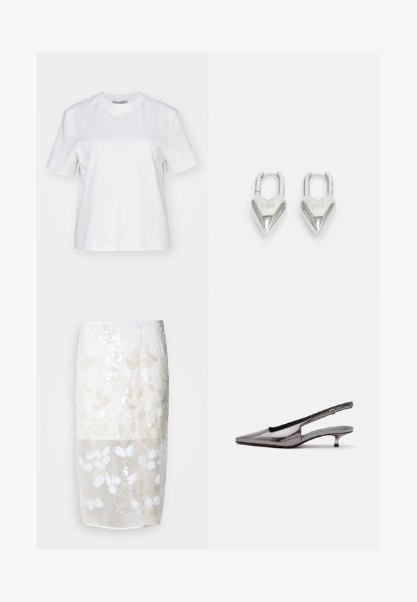 AllSaints LISA TEE - Camiseta básica - white; Falda hasta la rodilla en crema con un patrón de lentejuelas florales. Capa superior semitransparente, forrada por debajo. Textura suave con varios adornos blancos.; Zapato slingback gris metálico con punta puntiaguda, tacón bajo tipo kitten y correa ajustable sobre fondo blanco.; Candados en forma de corazón de plata con inscripciones grabadas de "SÍ" y "NO", acabado pulido, diseño simétrico y un robusto cierre de metal.