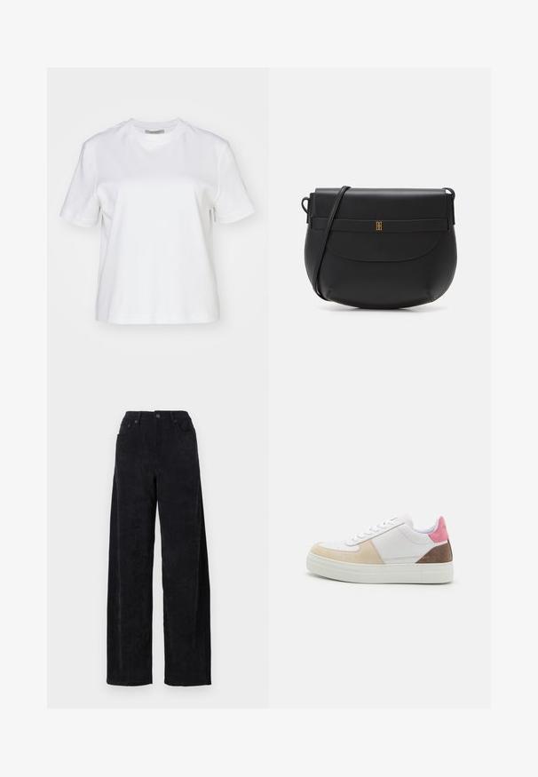 AllSaints LISA TEE - T-shirts basic - white; Sorte fløjlsbukser med vid ben og høj talje, der har to forlommer og en subtil vertikal ribbet tekstur.; Selected SLFHARPER MIX - Sneakers - sweet lilac f shoes; Sort læder crossover-taske med en rund form, minimalistisk design, klaplukning og en guldfarvet detalje i midten.