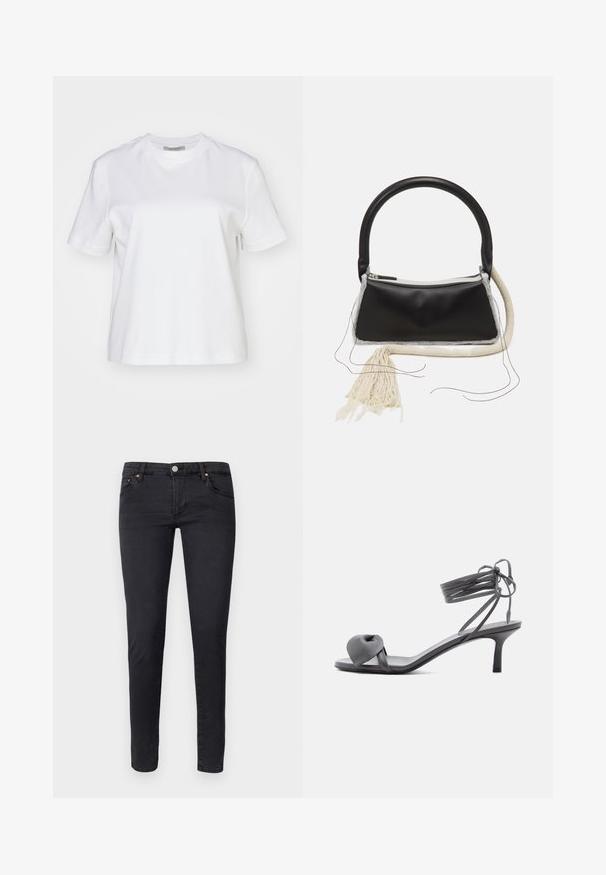 AllSaints LISA TEE - T-paita - white; AG Jeans Skinny-Farkut - anthracite black; Harmaa nahkainen korkokengäsandaali, jossa on solmittu remmi varpaiden kohdalla ja nilkan ympärille kiedottavat nauhat, kapealla keskikorkealla korolla valkoista taustaa vasten.; Musta nahkalaukku, jossa on pyöreä kahva, hopeinen vetoketju, valkoinen turkisreunus ja pitkä kerma-tupsu kiinnitettynä eteen.