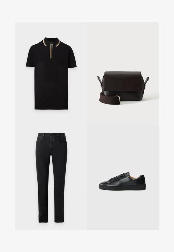 Polo noir à manches courtes avec demi-fermeture éclair et col présentant des détails à rayures marron et beige.; Jean slim noir avec cinq poches, fermeture par bouton et passants de ceinture posés à plat sur un fond clair.; Baskets en cuir noir avec une texture lisse, bout rond et fermeture à lacets. Comprend une semelle en caoutchouc épaisse et un minimum de détails de marque.; Sac bandoulière en cuir marron foncé avec fermeture à rabat et sangle en tissu réglable sur fond blanc.